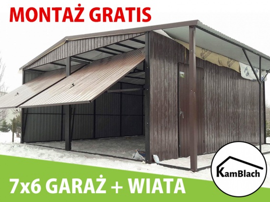 Garaż blaszany 7x6m z zadaszeniem wiatą konstrukcja mocny profil