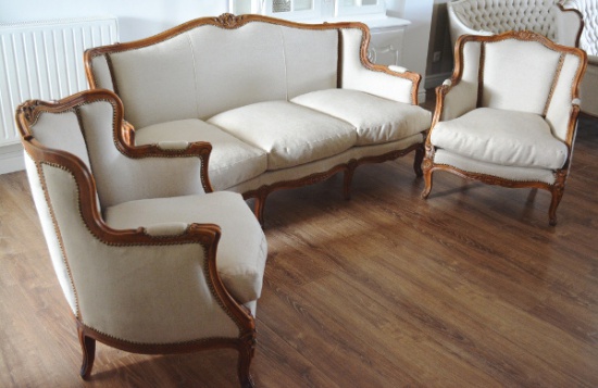 Stylowy komplet, sofa i 2 fotele, Ludwik XV, vintage, retro